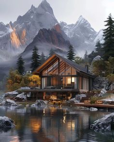 a house sitting on top of a lake surrounded by mountains