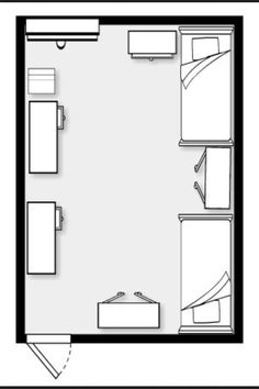 a floor plan for a small bedroom with two beds and one bed on the other side