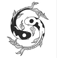 a black and white drawing of two koi fish in a yin - yang style