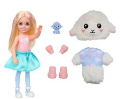 the doll is wearing a blue dress and pink shoes with her hair in pigtails