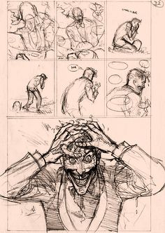 some sketches of people doing different things in the same place, and one is holding his head