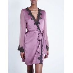 As Seen At Bergdorf Goodman Unlined Pull On Styling Wrap Silhouette Inner Waist Tie Sheer Sleeves Lace Trim Silk Tie Modeled Image Shows Fit, Robe Is Deep Plum 18.5” Underarm, 37” L Robes Satin, Robes Silk, Robe Silk, Silk Dressing Gown, Bath Robes, Dressing Gowns, Satin Short, Deep Plum, Dressing Gown