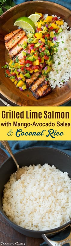 grilled lime salmon with avocado - mango salsa and coconut rice in a skillet