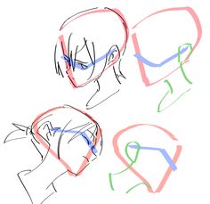 the drawing shows how to draw an anime character's head with different colored lines