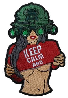 a patch with the words keep calm and green goggles on it's head