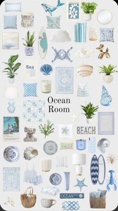 the ocean room is full of blue and white items, including shells, sea urns,