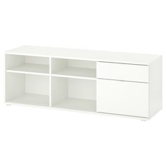 a white shelf with two open shelves on one side and three drawers on the other