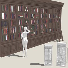 a white mannequin standing next to a bookshelf with shelves full of books