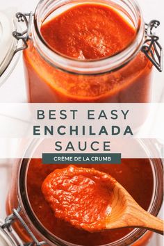 the best easy enchilada sauce recipe in a jar with a wooden spoon