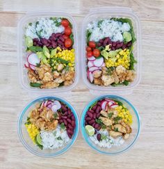 three plastic containers filled with different types of food