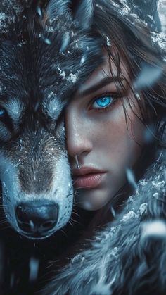 a woman with blue eyes is hugging a wolf