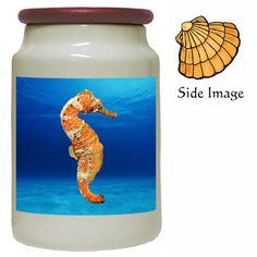 an image of a seahorse on a jar with the words side image below it