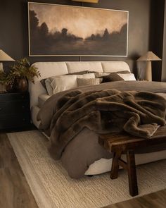 Photo shared by Thomas Trust | Design, Entertaining & Style on October 10, 2024 tagging @potterybarn. #moodyinspo #bedroomdesign #dreamroom #cozy Bedroom Ideas Chocolate Brown, Timeless Moody Bedroom, Dark Neutral Bedding Ideas, Rust Brown Bedroom, Chocolate Walls Bedroom, Brown Blanket Bedroom, Dark Chocolate Bedroom, Warm Brown Bedding, Brown Duvet Cover Bedroom