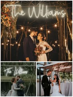 a couple standing under a neon sign next to each other