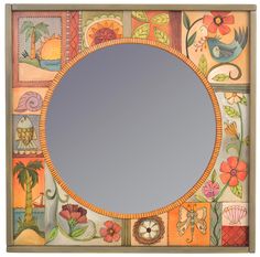 a decorative mirror with flowers and birds on it's sides, painted in multicolors