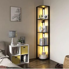 a living room with a book shelf filled with books