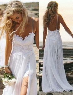 two pictures of a woman in white dress on the beach, one is holding her hand out