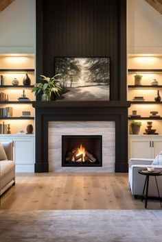 a living room filled with furniture and a fire place in the middle of it's fireplace