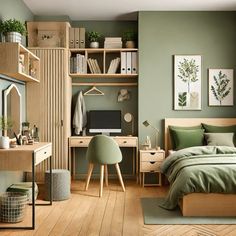 a bedroom with green walls and wooden floors, an office desk in the corner is next to a bed