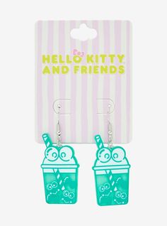 Spruce up your ears with these Sanrio earrings! These Keroppi-inspired accessories feature the frog as a delicious boba cup  complete with a straw  themed lid  and bow ties inside. It's a subtle yet stylish way to bring Sanrio to your look!A BoxLunch Exclusive!Acrylic; metalApprox. 1 12" charmImported Sanrio Earrings, Boba Earrings, Boba Cup, Sanrio Keroppi, Tuxedo Sam, Sanrio Accessories, Hello Kitty And Friends, Bff Necklaces, Disney Gift