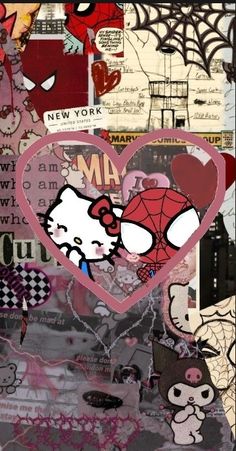 a collage with hello kitty and spiderman in the center, on top of a heart