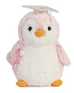 a white and pink stuffed penguin with a graduation cap on it's head,