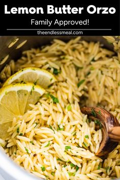 lemon butter orzo rice in a white bowl