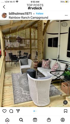 a mobile home is shown with furniture on the porch and in the living room area