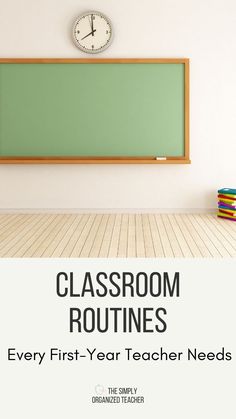 a classroom room with a green board and books on the floor, next to a clock