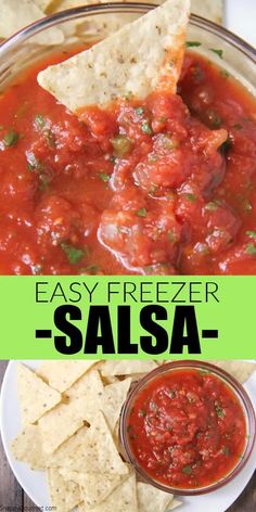 easy freezer salsa with tortilla chips on the side and text overlay