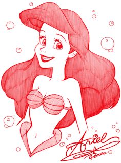 ariel from the little mermaid movie with bubbles around her neck and chest, in red ink