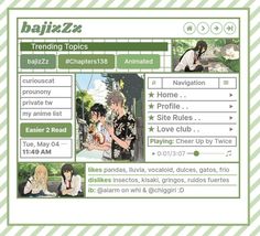 an image of a web page with anime characters on the front and back pages, as well as text