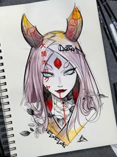 a drawing of a girl with horns on her head and the word demon written in chinese