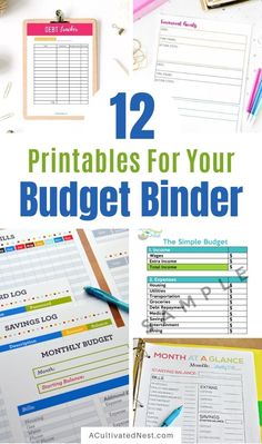 the 12 printables for your budget binder are shown with pens and pencils