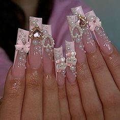 nail inspo Summer Charm Nails, Pink Nails W Charms, Junk Nails Bling, Acrylic Nails With Kawaii Charms, Pink Junk Nails, May Nail Designs, Pink Acrylic Nails Charms, Pink Long Nails With Charms, Hello Kitty Charm Nails Long