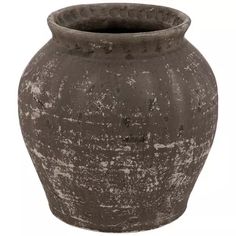 an old, dirty vase is shown on a white background