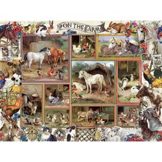 a collage of farm animals on the farm, with pictures of horses and chickens