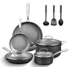 PRICES MAY VARY. BUILT TO LAST – Granitestone Pro cookware set is constructed from hard anodized which is stronger than stainless steel & standard aluminum cookware. The hard-anodized aluminum exterior is dense, nonporous, highly wear-resistant, and conducts heat incredibly well for the ultimate pro performance. CERAMIC NONSTICK – The Granitestone nonstick cooking surface is coated three times and then reinforced with diamonds to deliver the ultimate food release. No seasoning or even oil or but Ceramic Cookware Set, Kitchen Cookware Sets, Nonstick Cookware Sets, Ceramic Cookware, Bobby Flay, Nonstick Skillet, Pots And Pans Sets, Nonstick Cookware, Cookware Sets