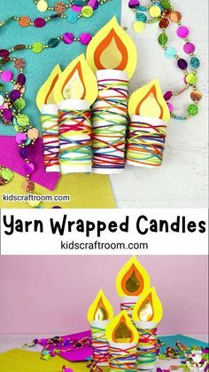 yarn wrapped candles are sitting on the floor