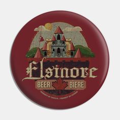 a red button with an image of a castle and the words elsinore beer on it