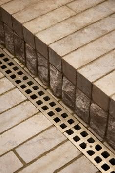 a cat is sitting on the ground next to a brick wall and drain grate