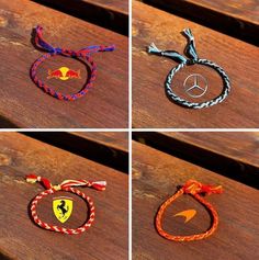 four pictures of different bracelets with cars and symbols on them, all made out of rope