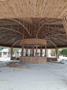 the inside of a building that is made out of wood and has a circular roof