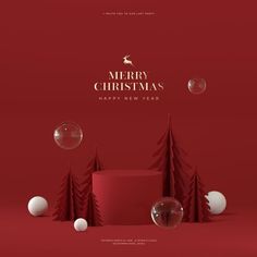 a red christmas card with white balls and trees