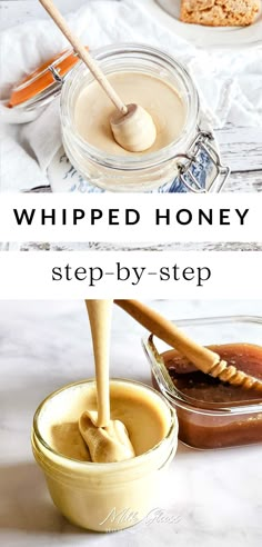 the ingredients to make whipped honey are in small bowls and on top of each other