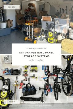 garage wall panel storage systems with bikes and other items in the back ground, including bicycle racks