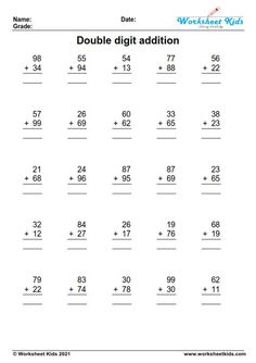 the worksheet for adding two digit numbers to one digit number, and an addition that