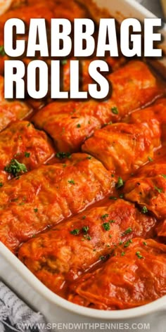 cabbage rolls in a white casserole dish with text overlay