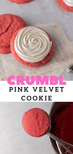 pink velvet cookies with white frosting on top and the words crumbl next to them