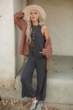 Boho Jumpsuit Outfit, Hippie Mom Style, Boho Mom Style, Three Bird Nest, Boho Jumpsuit, Velvet Kimono, Boho Style Outfits, Fringe Cardigan, Jumpsuit Outfit